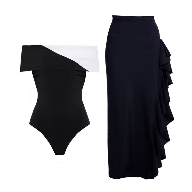 2025 European and American New Ins Style Black and White Tube Top Sexy One-Piece Swimsuit Suit for Women Cross-Border Hot Style