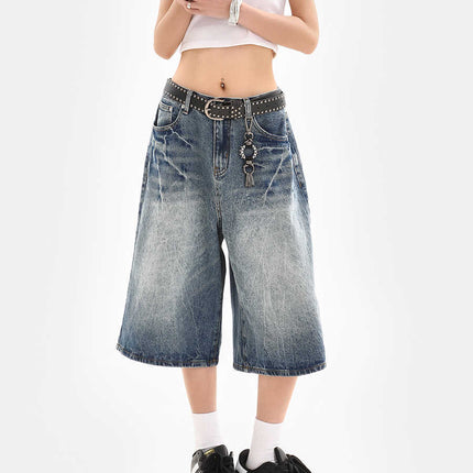 American-Style Ice Blue Lightning Crackle Denim Shorts for Women, New Summer Loose Trendy Brand Straight Cropped Casual Pants