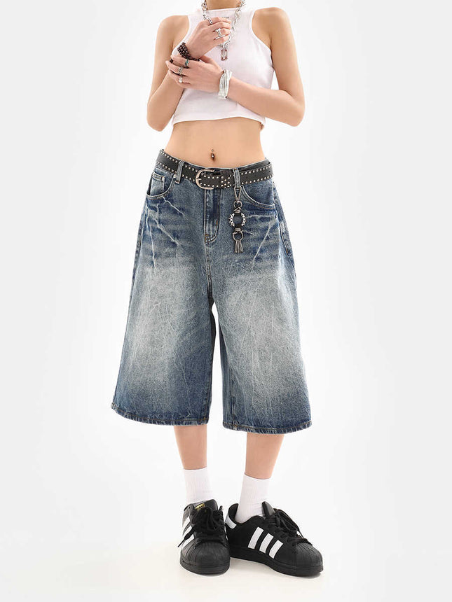 American-Style Ice Blue Lightning Crackle Denim Shorts for Women, New Summer Loose Trendy Brand Straight Cropped Casual Pants
