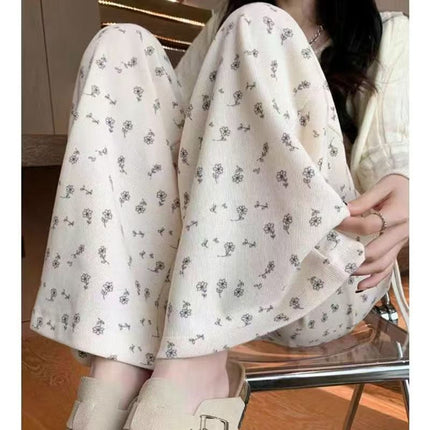 Apricot Ice Silk Floral Sweatpants for Women, Summer Thin Casual Petite Straight Wide-Leg Pants, Loose American-Style Sweatpants