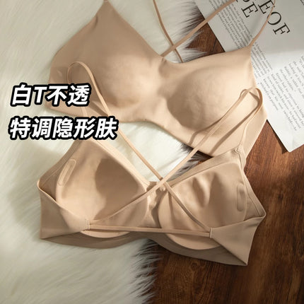 White T-Shirt Non-See-Through Foundation Liquid Fixed Cup Bra for Women, Seamless Invisible Thin Straps, Beautiful Back, Small Chest Push-Up Bra