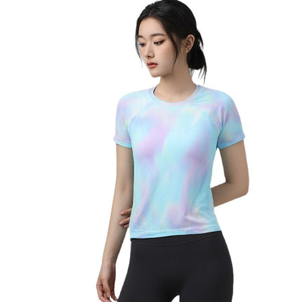 LULU High Elastic Breathable Lightweight One-piece Yoga Aurora Magic Color Half-sleeved Short-sleeved Running T-shirt New