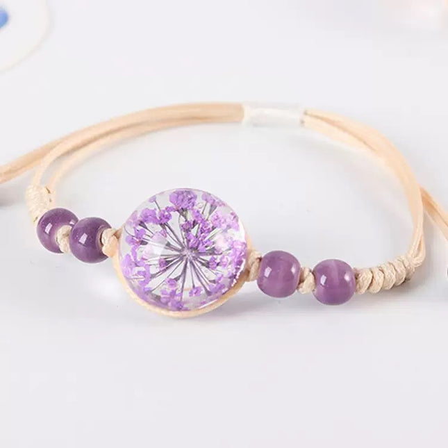 Gypsophila Dried Flower Bracelet for Girls, Students, Best Friends, Couples Gift, Glass Ball Eternal Real Flower Ceramic Couple Bracelet