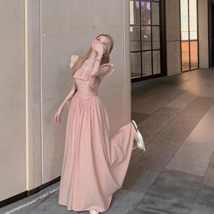 Pink Ruffled Square Collar dress Women's Summer 2025 French Style Small Flying Sleeve Seaside Holiday Beach Midi Dress