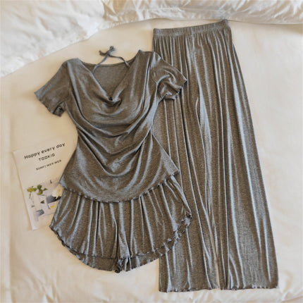 Girls' Pajamas Modal Cotton Short-Sleeved Shorts Summer Lace Women's Three-Piece Casual Home Wear Set with Breast Pads