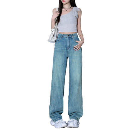 American Style Hot Drilling Peacock Green Straight Jeans Women's Spring and Summer 2025 New High Waist Loose Slimming Narrow Wide Leg Pants