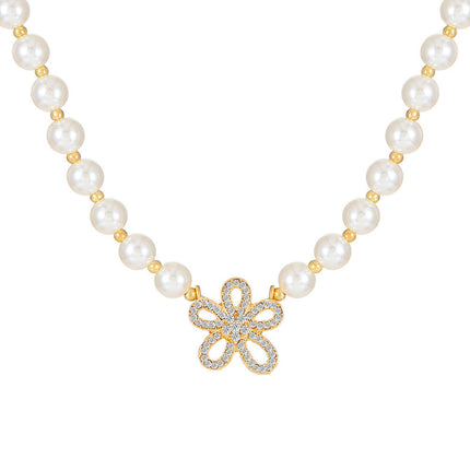 Five Petal Flower Pearl Clavicle Necklace Advanced New Pearl Necklace Three-Piece Set Fashionable Bracelet Earrings Jewelry suit