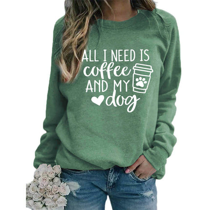 Foreign trade supply all I need is coffee printed crew neck top sweater European size ladies coat long sleeve