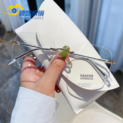 New Internet-famous anti-blue light rimless glasses frame for men and women with adjustable power large frame round face dopamine plain plain mirror