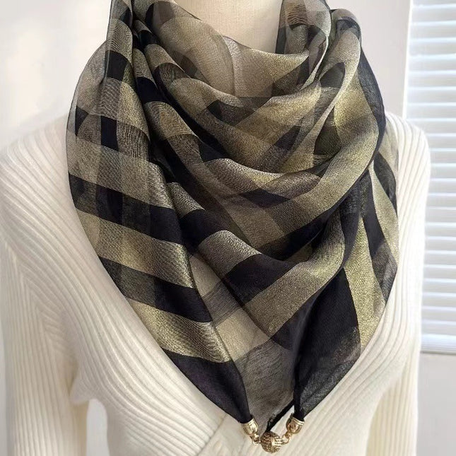 Trendy Versatile Decorative Magnetic Buckle Square Scarf for Women, Silk Organza Scarf, Vintage Striped Wholesale Triangle Scarf