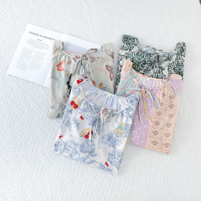 Cotton Silk Nightgown for Women, All-Cotton Summer Long-Sleeved Bohemian Style Long Dress Pajamas, Large Size Loose-Fitting Loungewear That Can Be Worn Outside