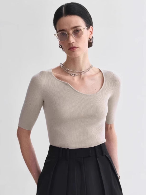 Women's Clothing Factory Unica Same Style Summer Seamless Wool Direct Selling Mid-Sleeve Thin Knitwear Design Top for Women
