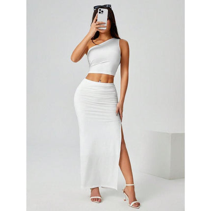 M8645 Dropshipping Aliexpress Amazon Cross-Border New Nightgown Women's Casual Solid Color Pleated Side Slits