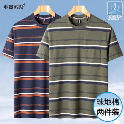 Dad summer striped short sleeve T-shirt new middle-aged men's round neck pocket loose middle-aged plus size top