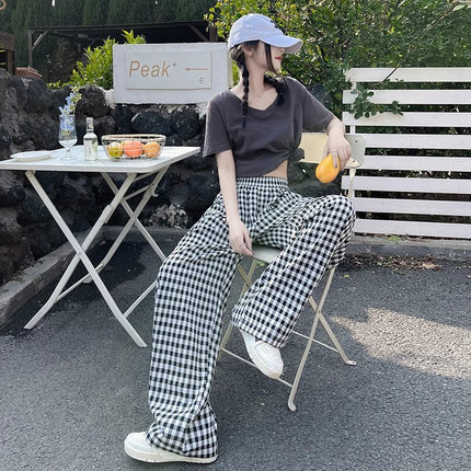 Blue Plaid Pants for Women, Summer Thin Style 2025 New High-Waisted Drape Casual Yamamoto Pants, Straight-Leg Casual Wide-Leg Pants