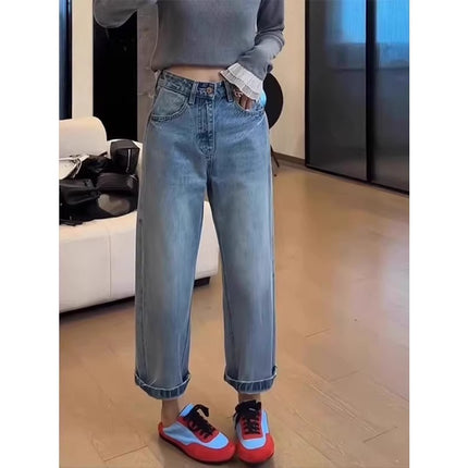 2025 Summer New American Style Blue Straight-Leg Jeans Plus-Size Women's Clothing for Curvy Petite Slimming Cigarette Pants