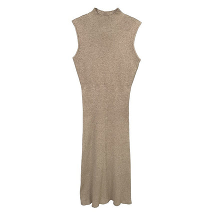 South Korea Dongdaemun Sexy Feminine High Neck Slim Figure Solid Color Elegant Long Knitted Sleeveless dress
