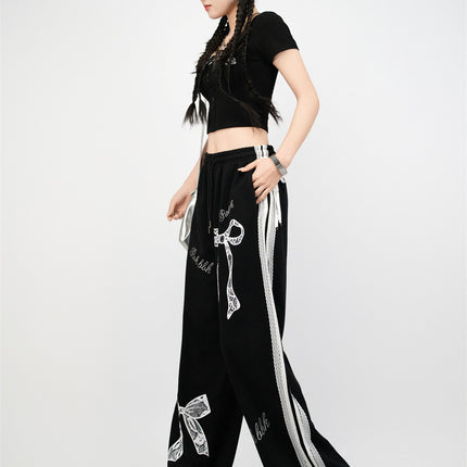 Street Dance Trendy Brand Lace Bow Sports Suit Cropped Short-Sleeve T-Shirt Jazz Pants Women Slim Loose Pants