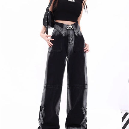 Black and Gray Gradient Cuffed Jeans for Women, Autumn 2025 New Slimming Drape Straight-Leg Floor-Length Pants