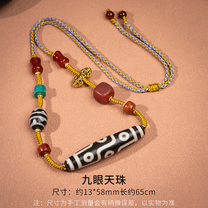 Natural Yellow Nine-Eyed Dzi Bead Necklace, Taiwanese Agate Pendant, Men's and Women's Couple's Braided Necklace, Ready for Sale