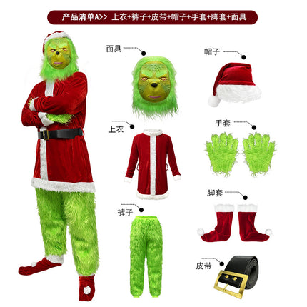 Santa Claus Grinch Green Furry Monster Grinch Party Performance Costume Cross-Border Christmas Costume Cosplay Set