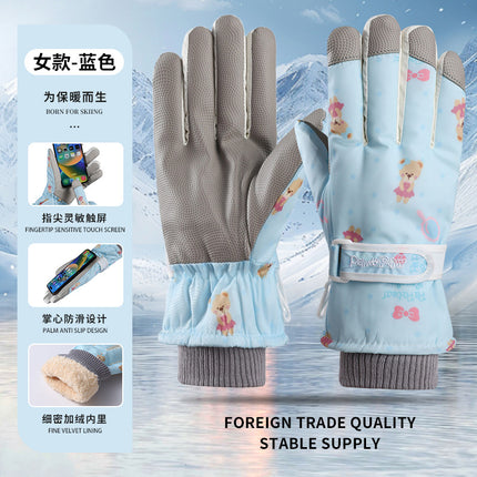 Wholesale Women's Cartoon Velvet Ski Gloves Winter Outdoor Windproof and Cold-Proof Warm Gloves Waterproof and Non-Slip Gloves