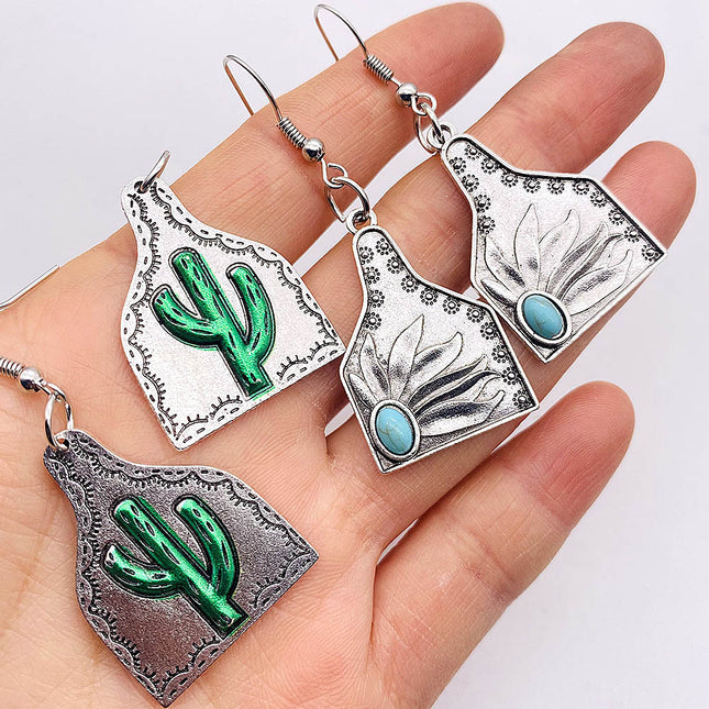Cross-border new Cactus earrings retro ethnic style concave-convex turquoise flower pendant personalized distressed earrings