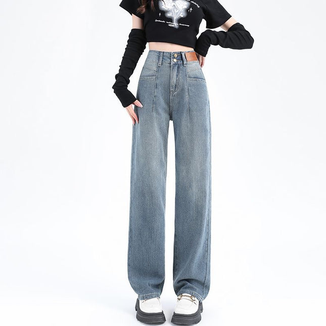 American-Style Wide-Leg Jeans for Women, 2025 New Summer Thin Retro High-Waisted Loose Straight Wrinkled Floor-Length Pants