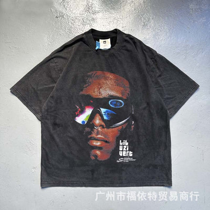 Saint Michael Cho Big Face European and American Retro Washed and Distressed Commemorative Portrait Short-Sleeved T-Shirt Trendy
