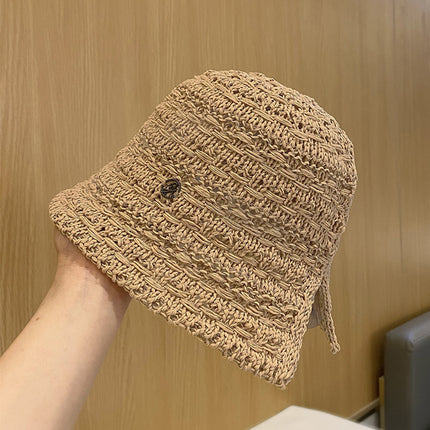 French Cut Out Woven Seaside Straw Hat for Women Summer Large Brim Sun Protection Hat Large Head Circumference Foldableable Fisherman Hat Trendy