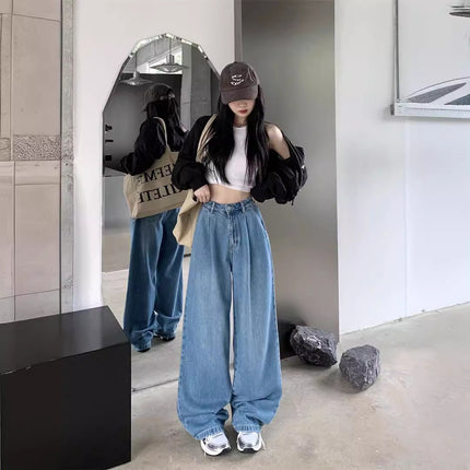 American Retro Distressed High-Waisted Straight Jeans for Women 2024 Spring and Autum New Fashion Versatile Loose Floor-Length