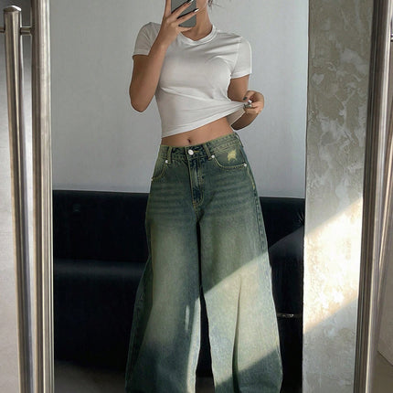 Cross-border foreign trade Amazon European and American water-washed blue wide-leg ultra-long floor-length jeans women's ripped loose casual pants
