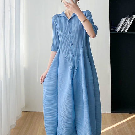 Miyake Elegant, Gentle, Elegant, Comfortable, Simple, Slim Waist Dress for Women 2023 Summer New Casual Pleats