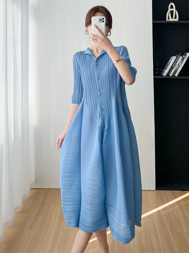 Miyake Elegant, Gentle, Elegant, Comfortable, Simple, Slim Waist Dress for Women 2023 Summer New Casual Pleats