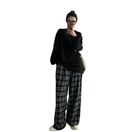 Lazy Wind Contrast Color Stitching Plaid Casual Pants Women's 2025 Spring and Summer Loose Comfortable Slimming Wide Leg Pants Women