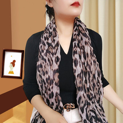 Spring and Summer Cotton Linen Pressed Pleated Leopard Scarf Women Autumn and Winter New Stylish Fashion Beach Scarf Shawl