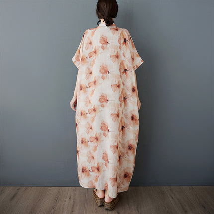 25 Summer New Artistic Fashion Comfortable Printed V-neck plus size Women's Long Temperament Short-sleeved Foreign Trade dress