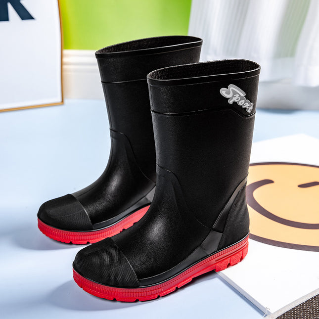 British Mid-High Boots, Rain Boots, Rain Boots, Contrasting Black and Red Fishing Boots, Car Wash Cleaning Wading Shoes, Work Shoes, Men's Water Boots