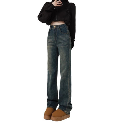 Vintage Cement Grey Narrow Edition Straight Jeans Women's Fashion All-match New Explosive High Waist Slimming Wide Leg Floor Pants