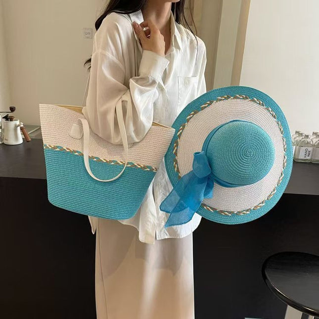 New Color-matching Straw Woven Bag Straw Hat suit Large Capacity Shoulder Bag Woven Bag High-end Seaside Beach Tote Bag