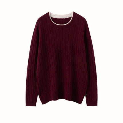 New Round Neck Twist Thick Cashmere Knitwear Women's Pullover Cable Knitwear Simple Casual Loose Knitwear Bottoming Shirt