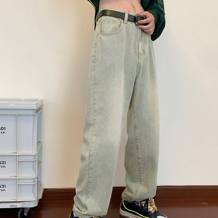 Men's Loose Casual American-Style Jeans, Washed Vintage Blue Floor-Length Casual Pants, Straight-Leg Jeans