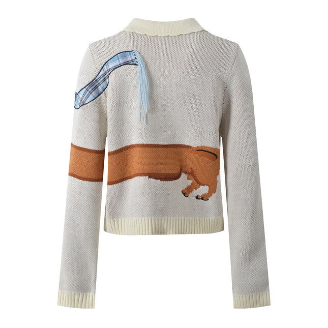2025 New Autum Fashion Versatile and Fun Dog Embroidered Lapel Long-Sleeved Loose Knitted Cardigan Top