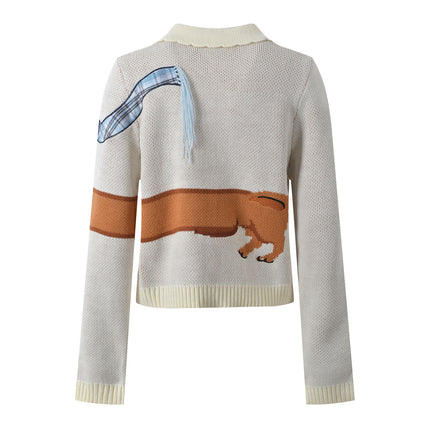 2025 New Autum Fashion Versatile and Fun Dog Embroidered Lapel Long-Sleeved Loose Knitted Cardigan Top