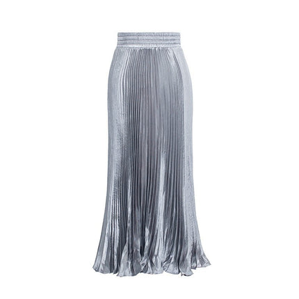 2025 new European and American foreign trade women's satin metallic luster pleated skirt long organ skirt long skirt skirt