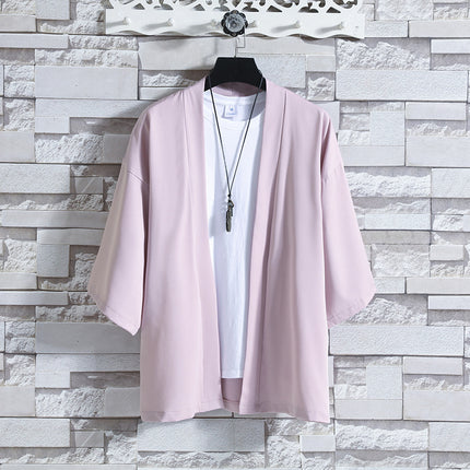 New Cross-border Summer Men's Simple Solid Color Cardigan Casual Loose Guofeng Seven-sleeve Ice Silk Cardigan Shirt for Men