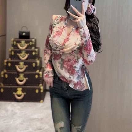 Korean Style Asymmetrical Cross-Waist V Neck Floral Shirt for Women Spring and Autum New Slim Slim Short Top Ins