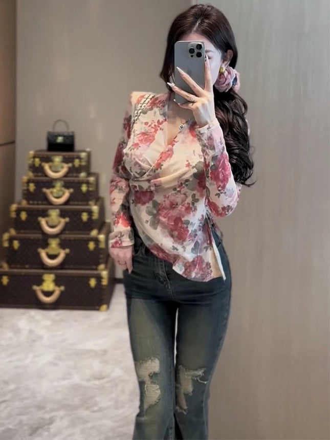 Korean Style Asymmetrical Cross-Waist V Neck Floral Shirt for Women Spring and Autum New Slim Slim Short Top Ins