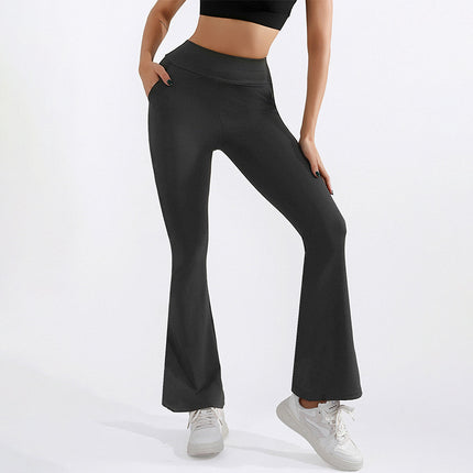 Cross-Border Amazon Fleece-Lined Yoga Pants for Women, Autumn and Winter High-Waisted, Hip-Lifting, Stretchy, Brushed Pocket Flared Shark Pants