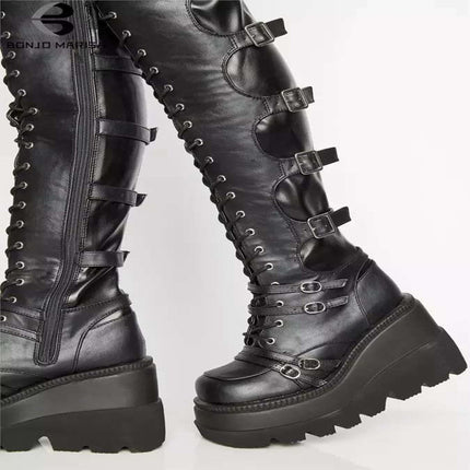 2021 new cross-border European and American plus size casual high boots Women's wedge lace-up belt buckle over-the-knee boots in stock